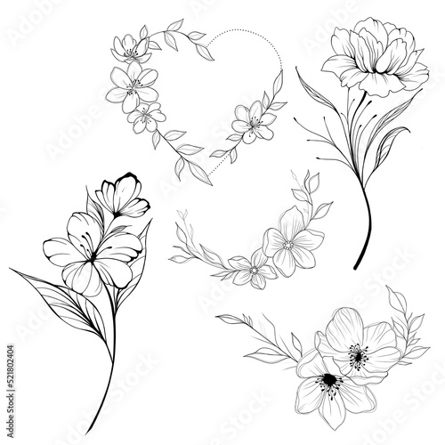 Big set Beautiful sketch of a tattoo - a delicate twig with flowers . Flowers Periwinkle. Hand drawing. Outline. On a white background