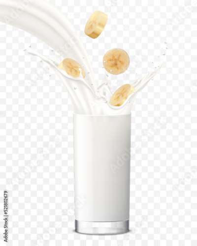 Banana slices falling in a glass of milk or yogurt. Sweet milk splashes. Fruit milkshake advertising banner, yogurt jet, white drink in glass cup, Realistic 3d vector illustration, isolated