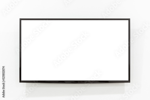 Led tv screen hanging on a white wall background, Television screen, Modern smart tv  photo