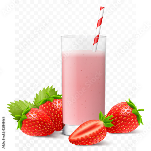 Strawberry juice, cocktail, smoothie or yogurt in glass with straw. Whole and half of strawberry, isolated on transparent background. Realistic 3d vector illustration