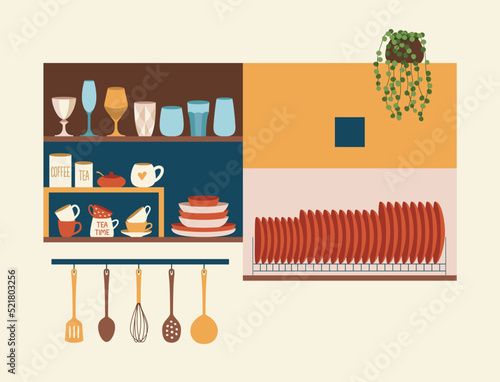 Kitchen shelves with kitchen utensils: plates, cups, glasses, wine glasses, kitchen tools. Kitchen cupboards and utensils in a modern flat style.	