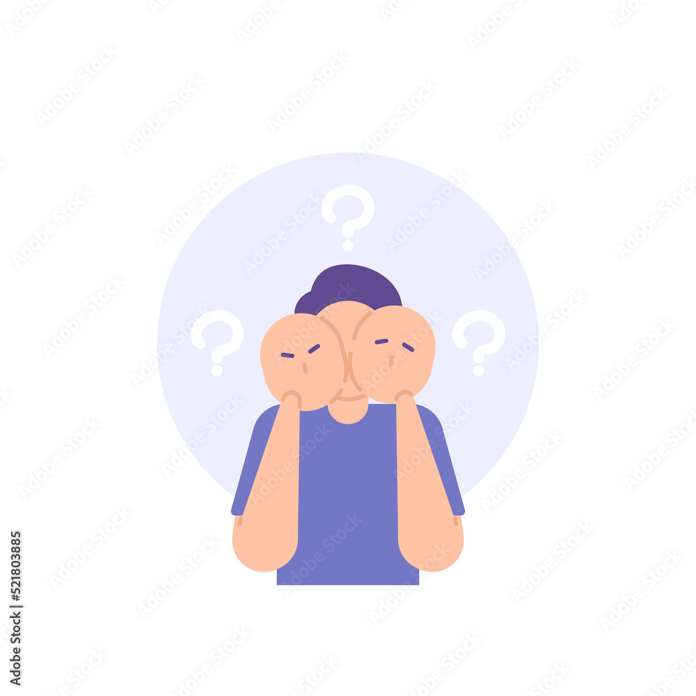 identity crisis, mysterious person, anonymous. a person with multiple personalities. lose identity. flat cartoon illustration. vector concept design identity crisis, mysterious person, anonymous. a person with multiple personalities. lose identity. flat cartoon illustration. vector concept design