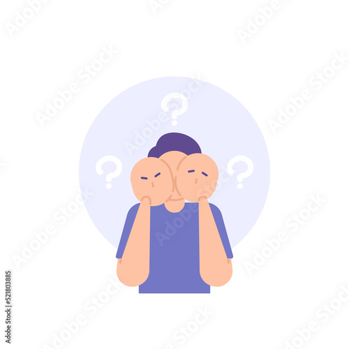 identity crisis, mysterious person, anonymous. a person with multiple personalities. lose identity. flat cartoon illustration. vector concept design
