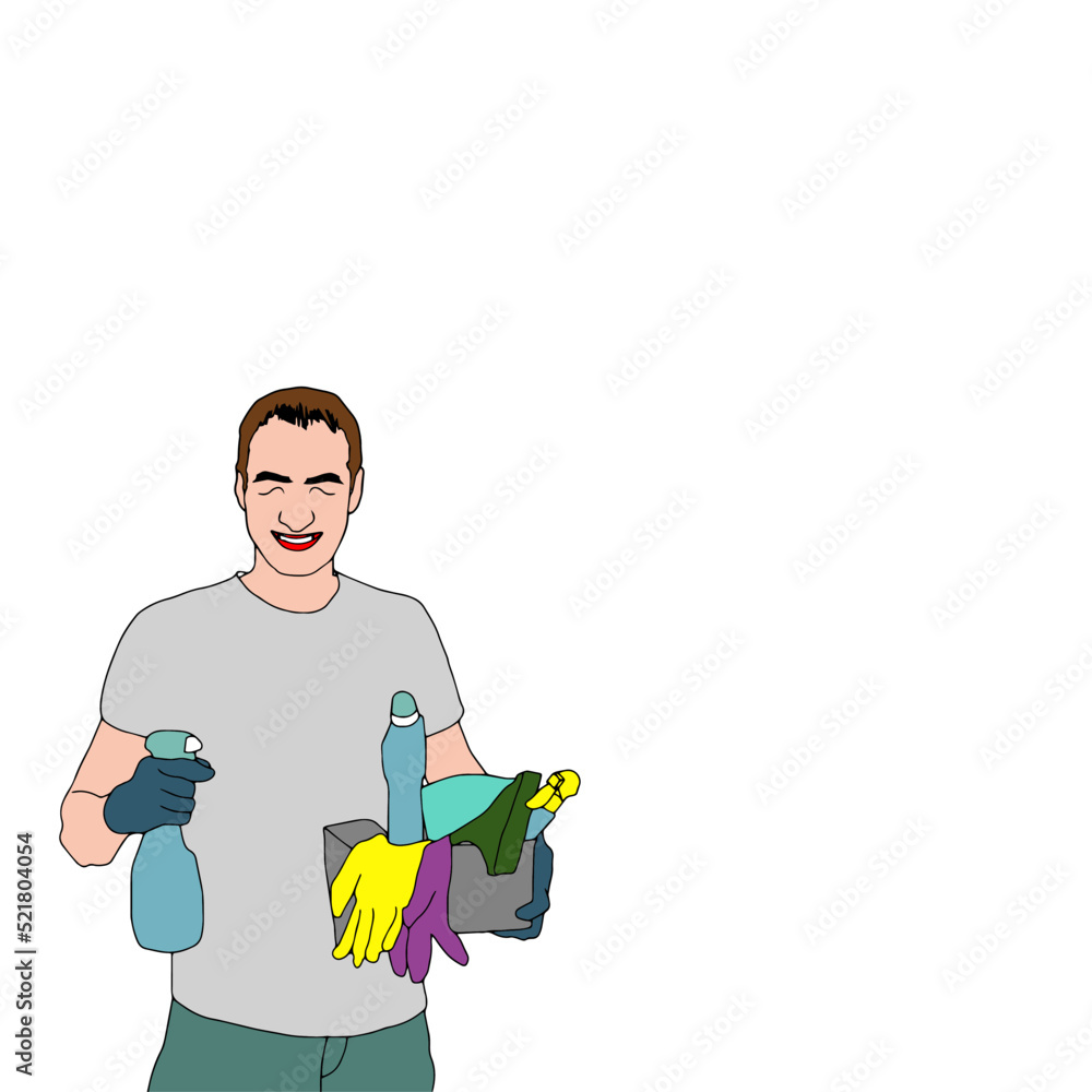 A cleaner with a bucket. Cleaning products and detergents. .Vector illustration A cleaner with a bucket. Cleaning products and detergents. .Vector illustration