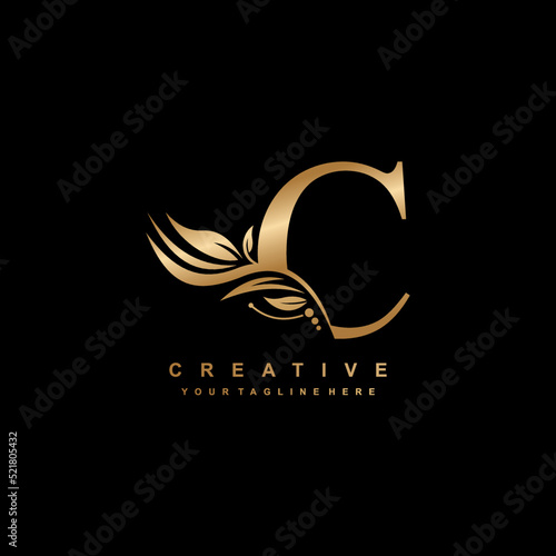 gold letter C logo design with luxurious and beautiful leaf ornament. C Monogram. C typography. gold feather logo. initial letter C logo