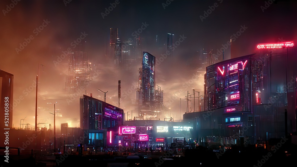 Cyberpunk streets illustration, futuristic city, dystoptic artwork at  night, 4k wallpaper. Rain foggy, moody empty future. Evil buildings Stock  Illustration