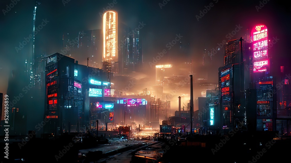 Cyberpunk streets illustration, futuristic city, dystoptic artwork