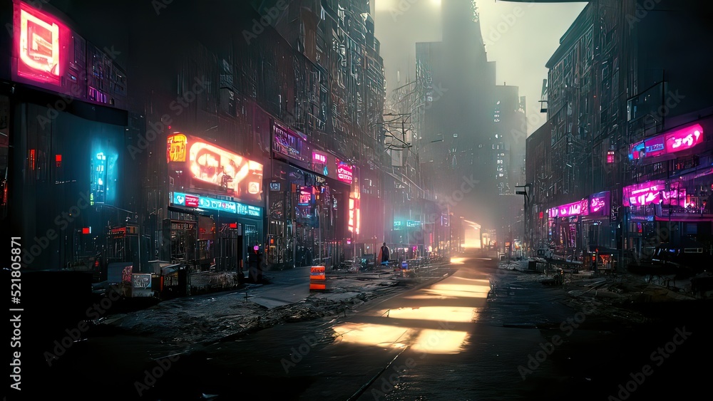 Cyberpunk streets illustration, futuristic city, dystoptic artwork at  night, 4k wallpaper. Rain foggy, moody empty future Stock Illustration |  Adobe Stock