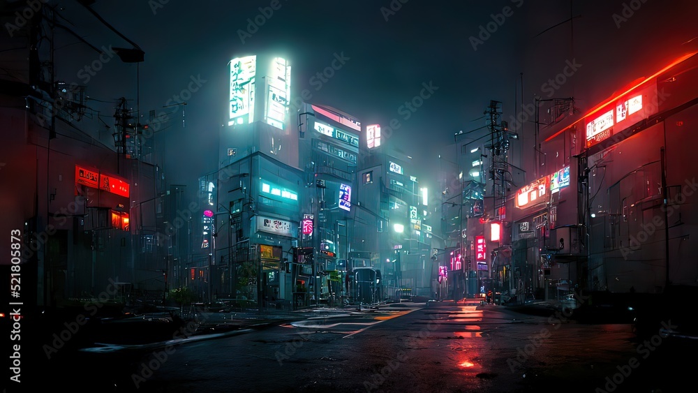 Cyberpunk streets illustration, futuristic city, dystoptic artwork at  night, 4k wallpaper. Rain foggy, moody empty future Stock Illustration