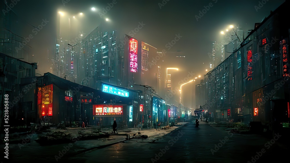 Cyberpunk japanese streets, asian street illustration, futuristic city, dystoptic artwork at night, 4k wallpaper. Rain foggy, moody empty future.