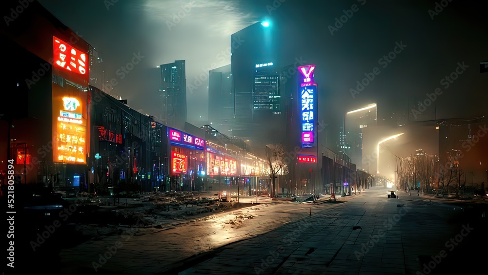 Cyberpunk japanese streets, asian street illustration, futuristic city