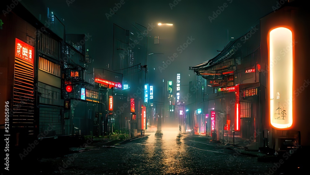 Cyberpunk japanese streets, asian street illustration, futuristic city, dystoptic artwork at night, 4k wallpaper. Rain foggy, moody empty future. - obrazy, fototapety, plakaty 