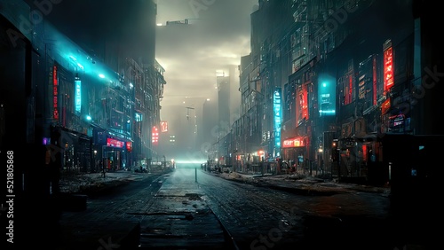 Cyberpunk streets illustration, futuristic city, dystoptic artwork at night, 4k wallpaper. Rain foggy, moody empty future. Evil buildings photo