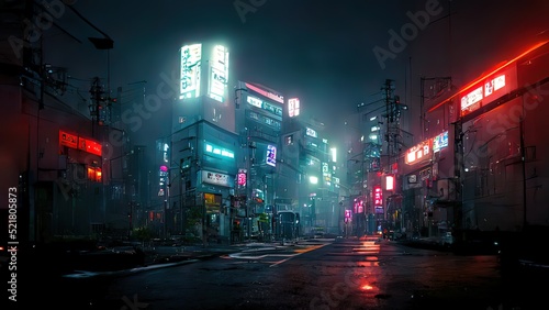 Cyberpunk streets illustration, futuristic city, dystoptic artwork at night, 4k wallpaper. Rain foggy, moody empty future photo