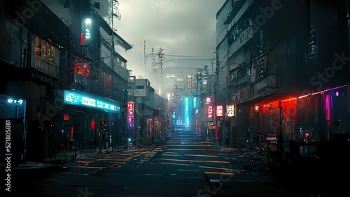 Cyberpunk japanese streets  asian street illustration  futuristic city  dystoptic artwork at night  4k wallpaper. Rain foggy  moody empty future.