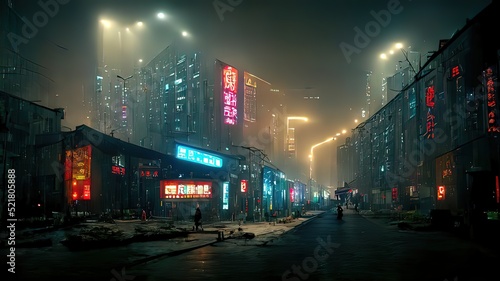 Cyberpunk japanese streets, asian street illustration, futuristic city, dystoptic artwork at night, 4k wallpaper. Rain foggy, moody empty future. © Fortis Design