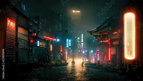 Cyberpunk japanese streets, asian street illustration, futuristic city, dystoptic artwork at night, 4k wallpaper. Rain foggy, moody empty future. photo