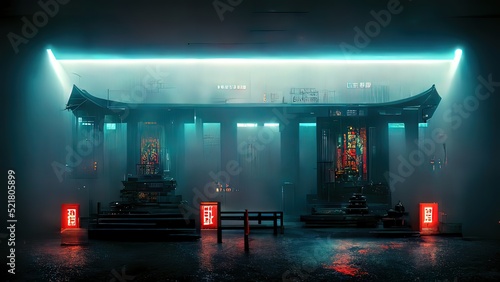 Cyberpunk temple, japanese abstract illustration, futuristic city, dystoptic artwork at night, 4k wallpaper. Rain moody empty future.