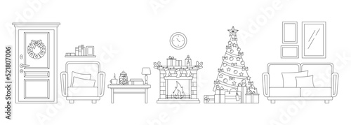 Cozy christmas corridor entrance room line art furniture set.
