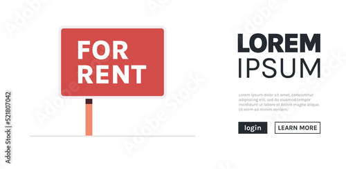 Real estate rent sign urban house and modern house exterior facade sign with rent word flat vector illustration.