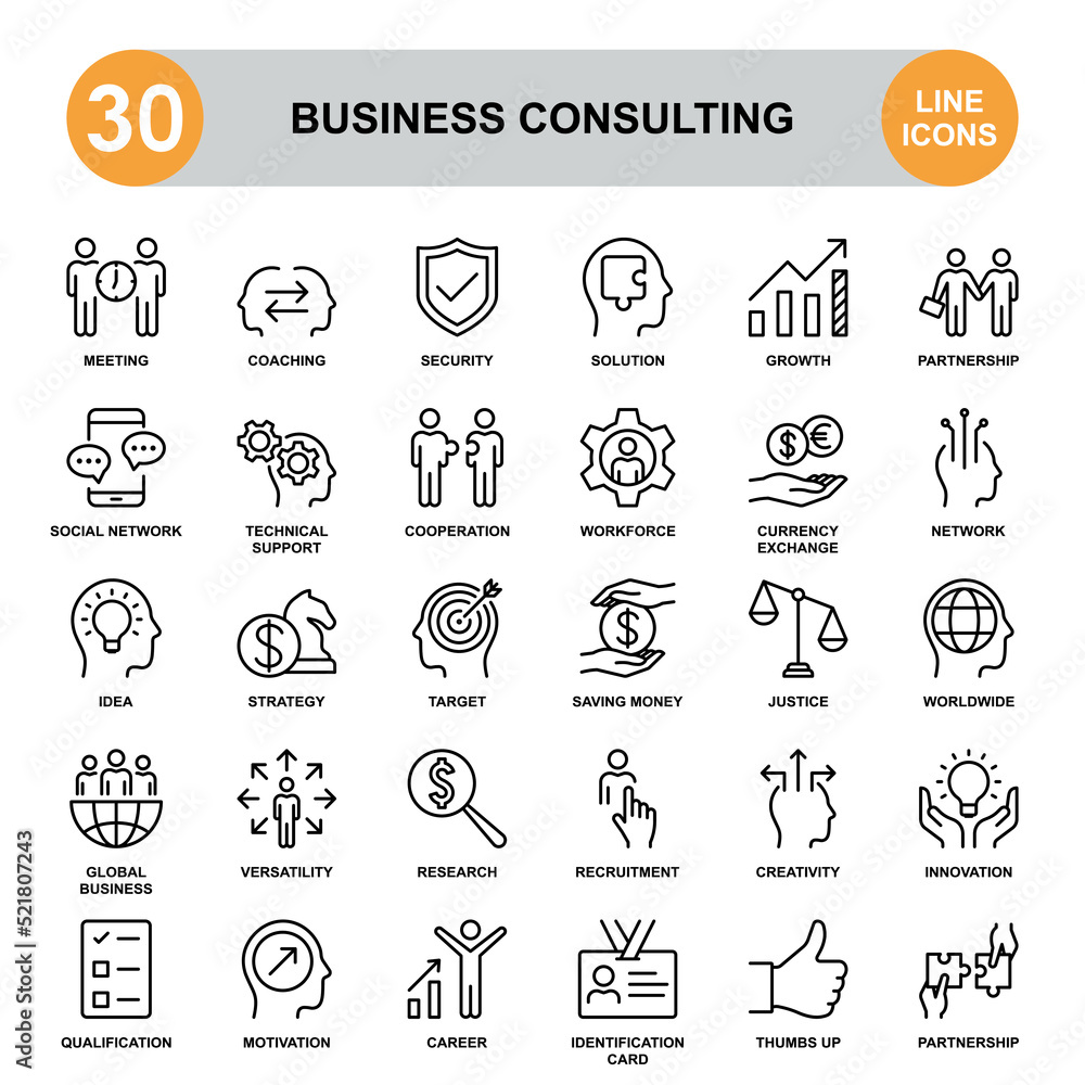 Business Consulting. icon set contains such icons as silhouette, thumbs up, target, jigsaw puzzle, gear, chess, dollar sign, etc