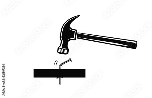 Hammer hitting bent nail, carpenter hammer with bent nail, repair fail, construction fail symbol