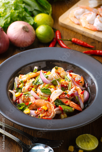 Spicy Shrimp Salad wood background