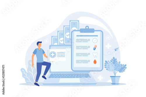 Laptop screen of male doctor with stethoscope, patient medical records and health icons. Online doctor, medical consultation and healthcare concept. Flat vector illustration.flat vector illustration