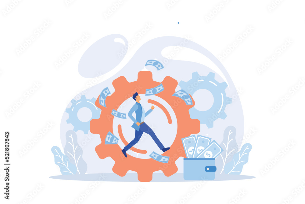 Active income, getting wages for work, increase profit. Man works, earns salary at paid job. Businessman stands with shovel and digs out money. Active income, getting wages for work, increase profit. Man works, earns salary at paid job. Businessman stands with shovel and digs out money.