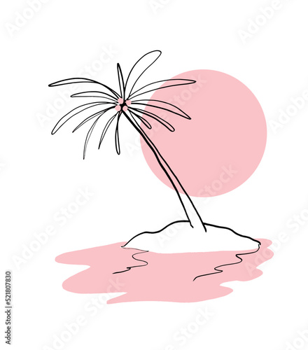 Lovely Hand Drawn Tropical Landscape Vector Ilustration with Black-Pink Palm Tree and Sunset on a White Background. Single Sketched Palm Tree Print ideal for Wall Art, Poster. Exoctic Vacation Design.