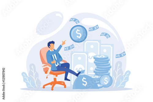 Passive income, salary and profits concept, a man relaxes waiting for the money to enter his dollar bag.