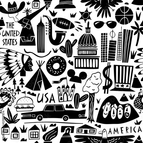 Vector hand drawn seamless pattern of The United States of America with landmarks. Travel illustration of USA. North America background photo