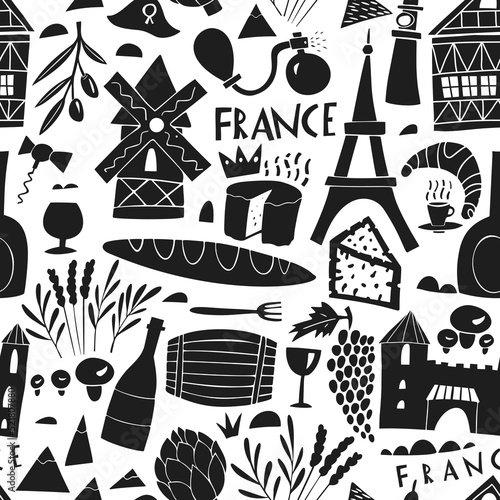 Vector hand drawn France seamless pattern. Travel illustration with french landmarks, food, plants, buildings.