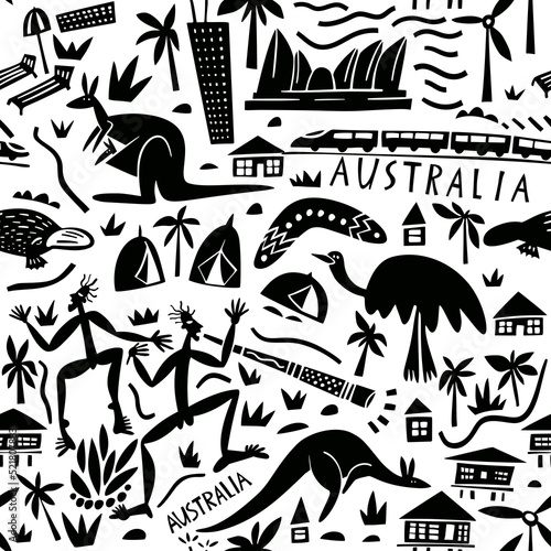 Vector hand drawn Australia seamless pattern. Travel illustration with Australian landmarks, food, plants, buildings, animals.