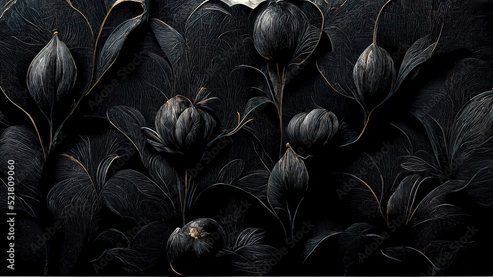 Black and gold, luxury background, floral shapes, black silk texture