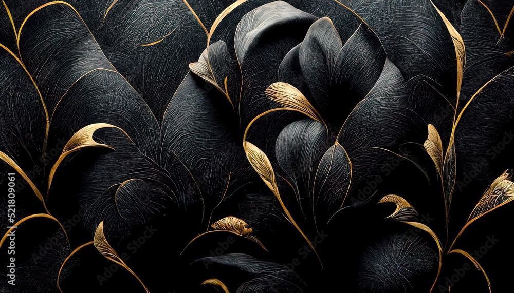 custom made wallpaper toronto digitalBlack and gold, luxury background, floral shapes, black silk texture with golden motifs, 4k abstract luxurious design, 3D render, 3D illustration