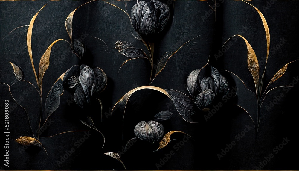 Black and gold, luxury background, floral shapes, black silk texture