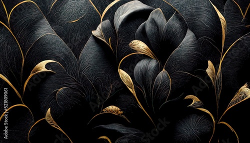 Black and gold, luxury background, floral shapes, black silk texture with golden motifs, 4k abstract luxurious design, 3D render, 3D illustration