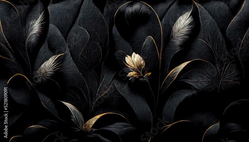 Black and gold, luxury background, floral shapes, black silk texture with golden motifs, 4k abstract luxurious design, 3D render, 3D illustration photo