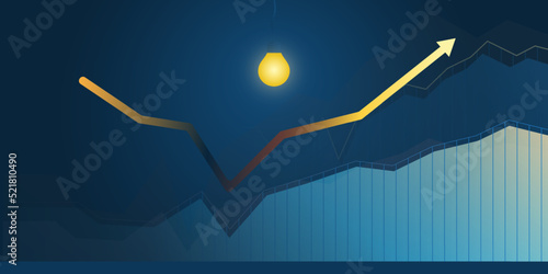 Creative Business Idea - Thinking, Brainstorming on New Ideas,  Opportunities or Goals - Big Idea Concept Design with Glowing Lightbulb and Charts - Dark Blue Vector Template with Golden Arrow