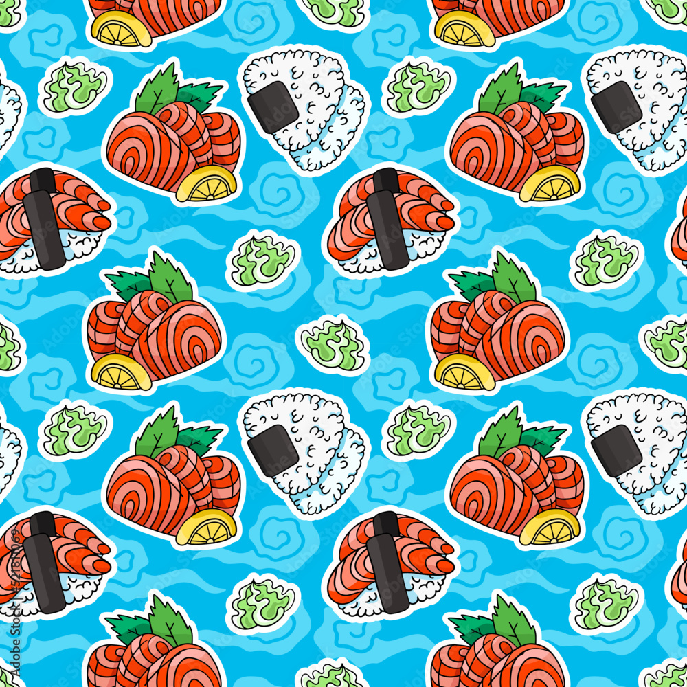 Sashimi, onigiri rice, nigiri and wasabi, vector seamless pattern in the style of doodles, hand drawn