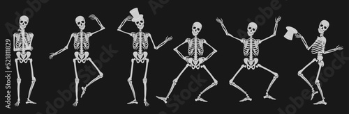 Dancing Human bones skeletons. Different skeleton poses set isolated on black dark background vector illustration.