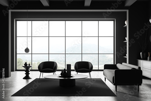 Grey meeting interior with couch and chairs, art decoration and panoramic window