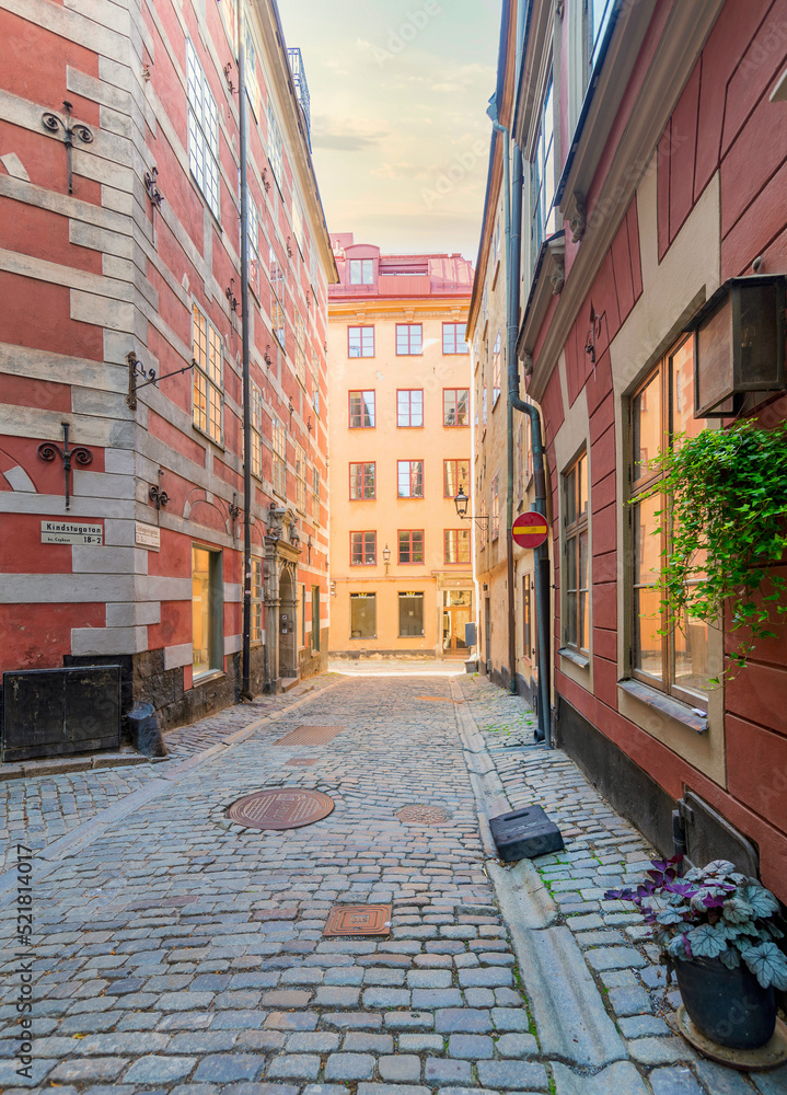 Fototapeta premium Narrow alley located in Gamla stan, the old town of Stockholm, Sweden with old style colorful houses and cobblestone street, Stockholm, Sweden