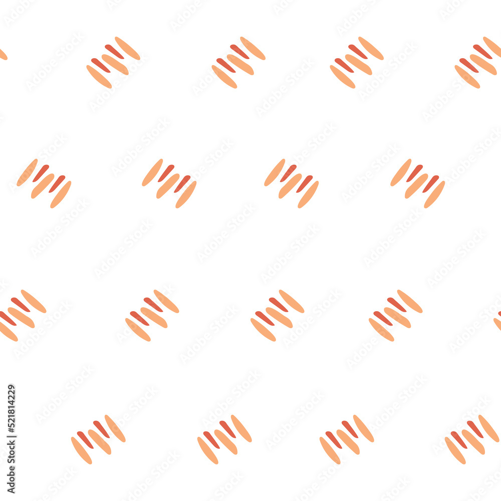 Abstract seamless pattern with hand drawn oval shapes in coral and orange colours on white background Vector illustration for wrapping paper, textile, fabric, packaging decoration Doodle flat style