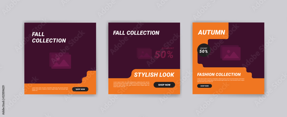 Social media post template for autumn fashion sale. Banner for autumn discount promotion. Autumn promotional advertising banner. Social media post template for autumn fashion sale. Banner for autumn discount promotion. Autumn promotional advertising banner.