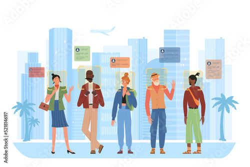 Face recognition of people on city street vector illustration. Cartoon crowd of pedestrians walking on road under AI surveillance, control and identification with artificial intelligence system