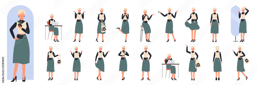 Young stylish woman poses set vector illustration. Cartoon fashionable lady blonde standing in heels, front view, back and side, beautiful girl holding shopping bag and walking isolated on white