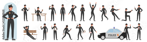 Female police officer character poses set vector illustration. Cartoon young woman in uniform and cap standing near car, holding pistol and walkie talkie, traffic ticket and coffee isolated on white
