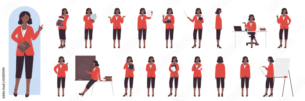 Fototapeta premium African american black female teacher poses in front, side and back view, gestures set vector illustration. Cartoon woman in suit sitting and standing, confident professional speaker teaching